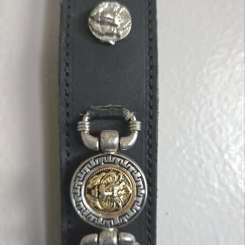 Vintage Black Leather Belt with Gold Medallion Accents